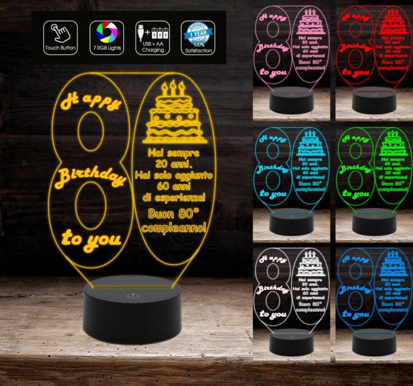 BUON COMPLEANNO Lampada a led personalizzata 7 colori selezionabili con numero 80 Idea regalo AUGURI Decorazione addobbo casa festa - Lampada LED - Compleanni