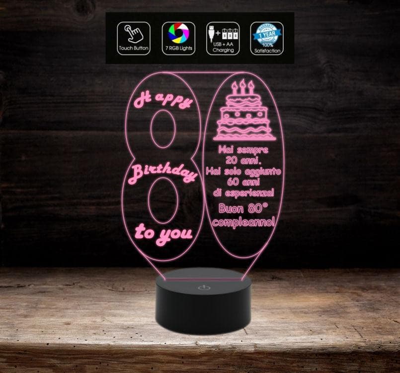 BUON COMPLEANNO Lampada a led personalizzata 7 colori selezionabili con numero 80 Idea regalo AUGURI Decorazione addobbo casa festa - Lampada LED - Compleanni