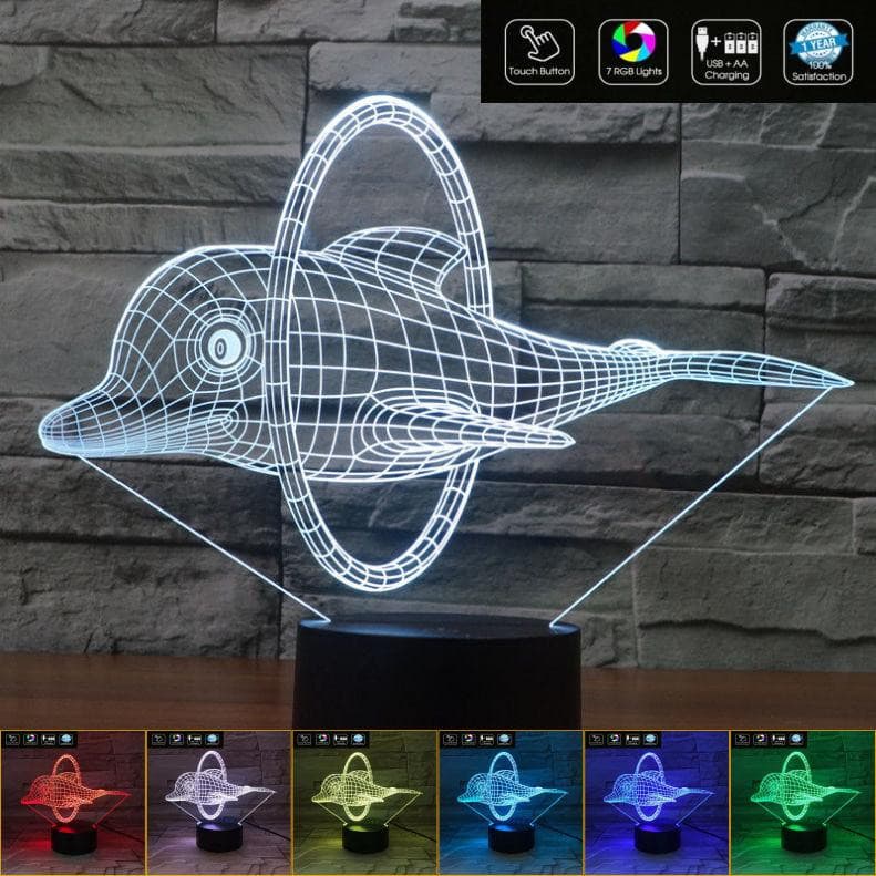 DELFINO in 3D Lampada led plexiglass 7 colori selezionabili da tavolo o scrivania Idea regalo compleanno con cavo usb e alimentatore - Lampada LED - Varie