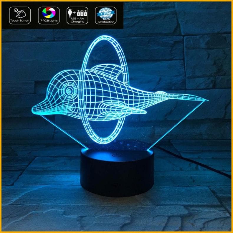 DELFINO in 3D Lampada led plexiglass 7 colori selezionabili da tavolo o scrivania Idea regalo compleanno con cavo usb e alimentatore - Lampada LED - Varie