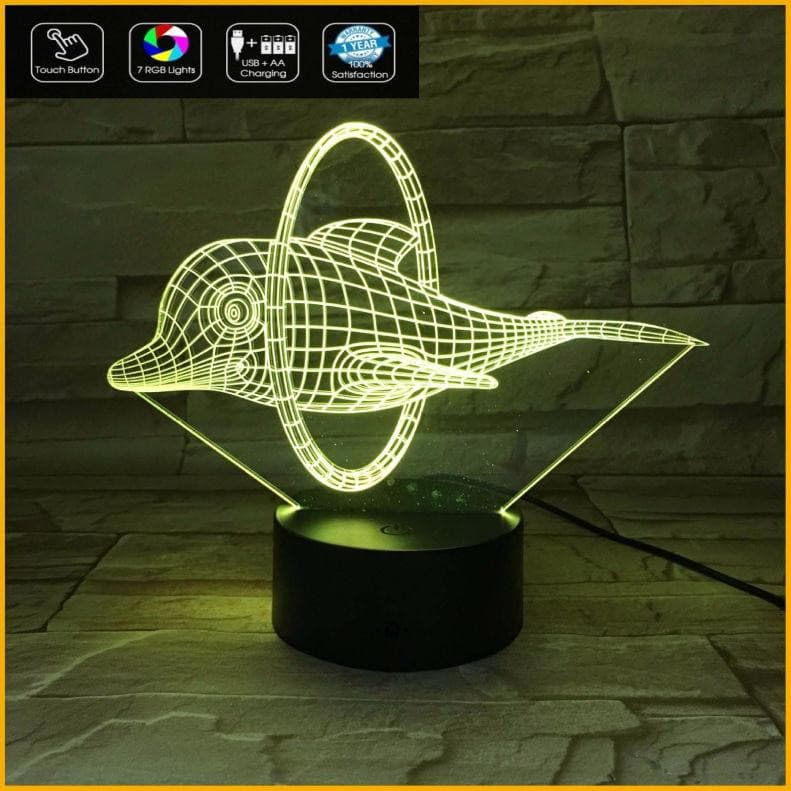 DELFINO in 3D Lampada led plexiglass 7 colori selezionabili da tavolo o scrivania Idea regalo compleanno con cavo usb e alimentatore - Lampada LED - Varie