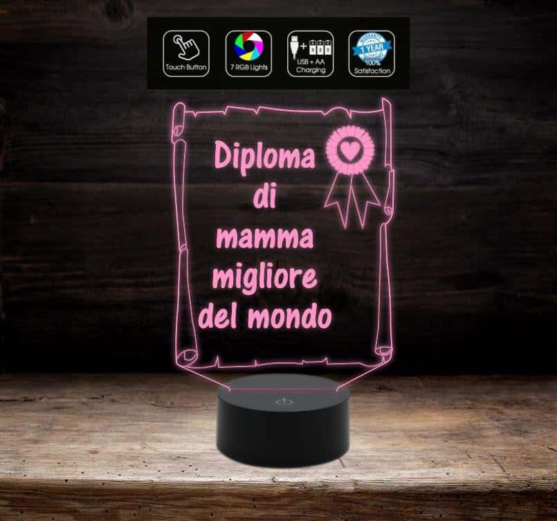 DIPLOMA con COCCARDA Mamma migliore del mondo Lampada 7 colori FESTA DELLA MAMMA Idea regalo originale e creativa Decorazione della casa - Lampada LED - Festa della mamma