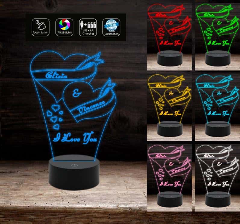 Idea regalo San Valentino LAMPADA LED Incisione CUORE e NOMI personalizzata unica originale 7 colori selezionabili Decorazione camera - Lampada LED - San Valentino