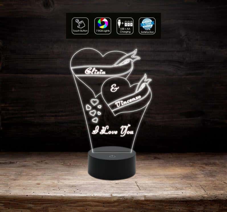 Idea regalo San Valentino LAMPADA LED Incisione CUORE e NOMI personali –  Shop Ricomincio da tre