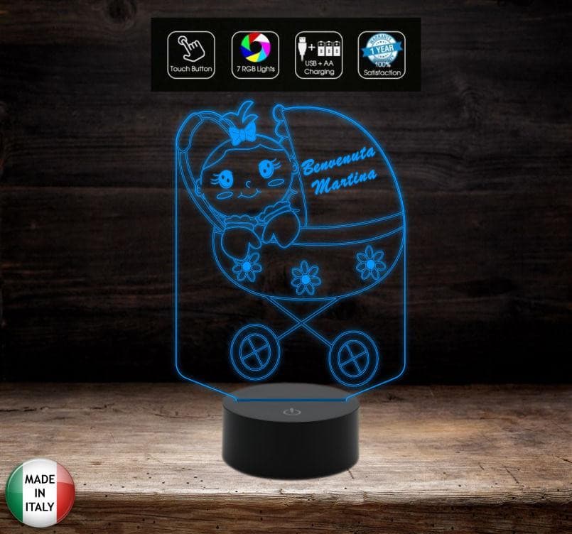 Idea regalo nascita neonato neonata LAMPADA a led 7 colori selezionabili PASSEGGINO con bambina personalizzabile Night light Luce da notte - Lampada LED - Nascita - Per bambini
