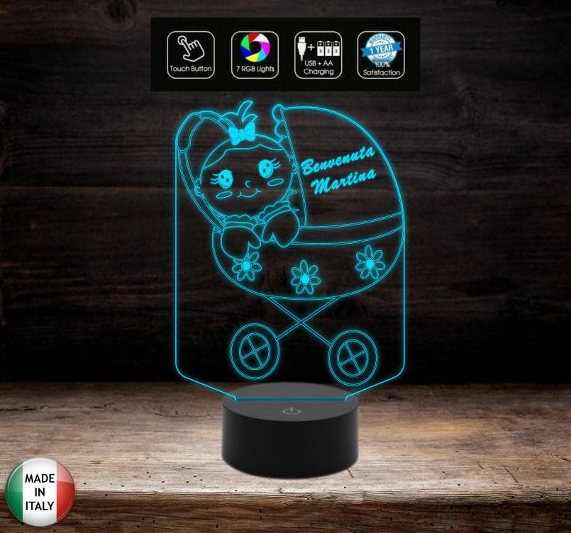 Idea regalo nascita neonato neonata LAMPADA a led 7 colori selezionabili PASSEGGINO con bambina personalizzabile Night light Luce da notte - Lampada LED - Nascita - Per bambini