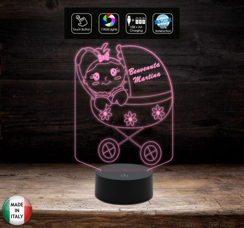 Idea regalo nascita neonato neonata LAMPADA a led 7 colori selezionabili PASSEGGINO con bambina personalizzabile Night light Luce da notte - Lampada LED - Nascita - Per bambini