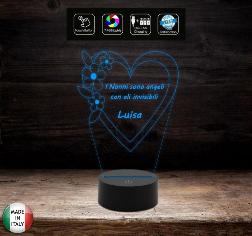 LAMPADA LED 7 colori selezionabili Festa dei nonni Regalo originale Cuore con frase personalizzabile Luce da notte da tavolo arredo casa home - Lampada LED - Festa dei Nonni