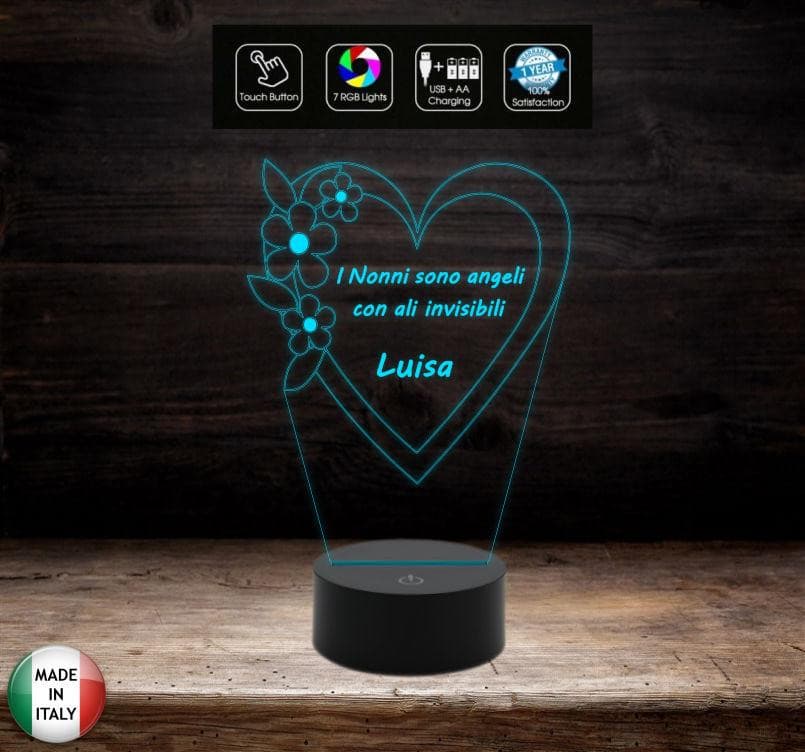 LAMPADA LED 7 colori selezionabili Festa dei nonni Regalo originale Cuore con frase personalizzabile Luce da notte da tavolo arredo casa home - Lampada LED - Festa dei Nonni