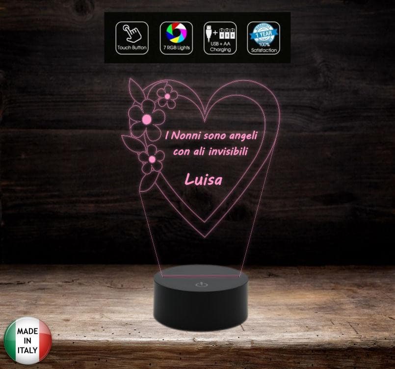 LAMPADA LED 7 colori selezionabili Festa dei nonni Regalo originale Cuore con frase personalizzabile Luce da notte da tavolo arredo casa home - Lampada LED - Festa dei Nonni