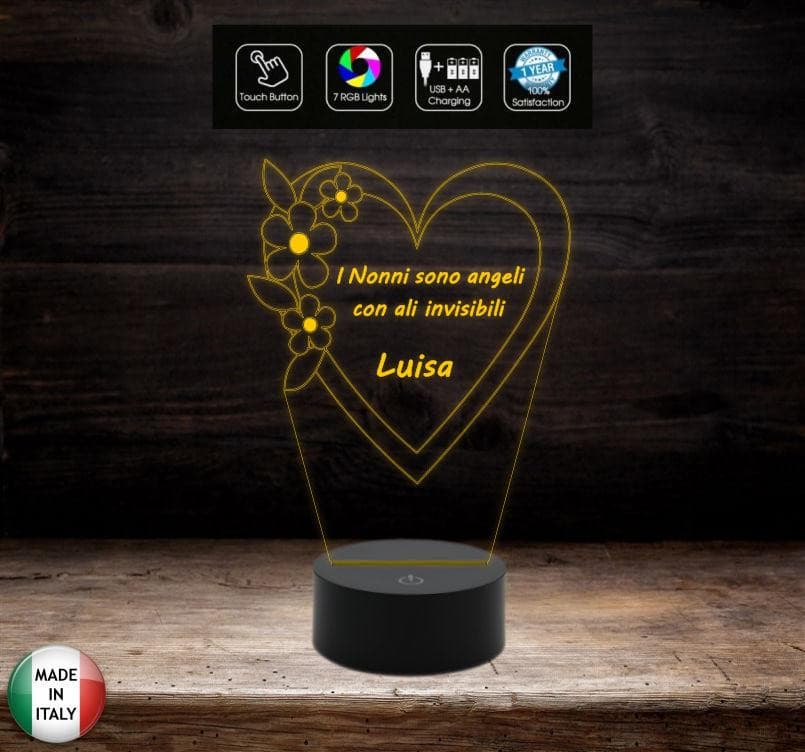 LAMPADA LED 7 colori selezionabili Festa dei nonni Regalo originale Cuore con frase personalizzabile Luce da notte da tavolo arredo casa home - Lampada LED - Festa dei Nonni