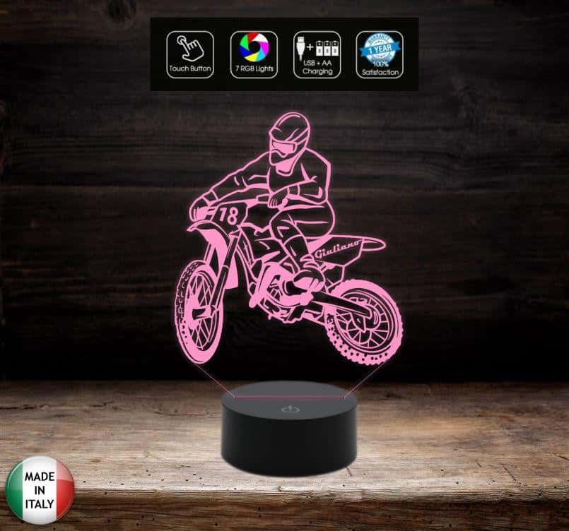 LAMPADA a led 7 colori selezionabili Motocicletta MOTOCROSS Idea regalo originale personalizzabile con nome e numero da SCRIVANIA Light night - Lampada LED - Stemma auto e moto