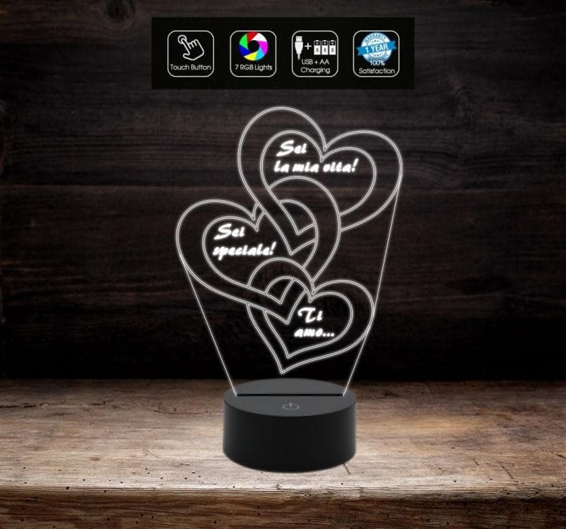 Lampada Led SAN VALENTINO 3 cuori Regalo personalizzato con frase iniziali data Idea anniversario compleanno Cambia colore con Touch Switch - Lampada LED - San Valentino