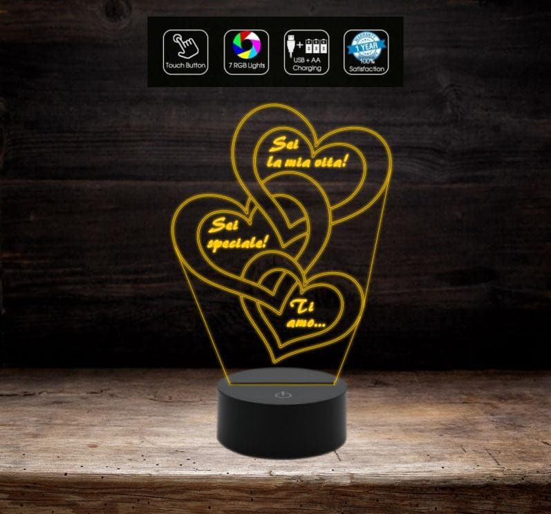 Lampada Led SAN VALENTINO 3 cuori Regalo personalizzato con frase iniziali data Idea anniversario compleanno Cambia colore con Touch Switch - Lampada LED - San Valentino