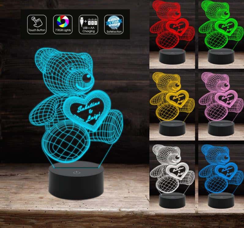 Lampada Led SAN VALENTINO 7 colori selezionabili – REGALO NASCITA ORSETTO 3D con cuore PERSONALIZZABILE con nome e/o data Luce da notte GIFT - Lampada LED - San Valentino