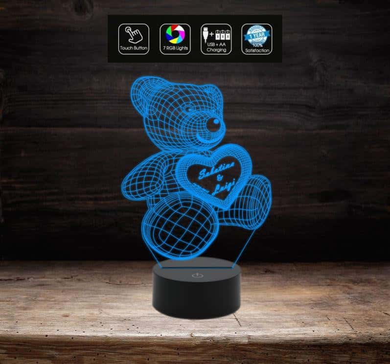 Lampada Led SAN VALENTINO 7 colori selezionabili – REGALO NASCITA ORSETTO 3D con cuore PERSONALIZZABILE con nome e/o data Luce da notte GIFT - Lampada LED - San Valentino