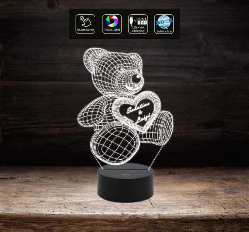 Lampada Led SAN VALENTINO 7 colori selezionabili – REGALO NASCITA ORSETTO 3D con cuore PERSONALIZZABILE con nome e/o data Luce da notte GIFT - Lampada LED - San Valentino