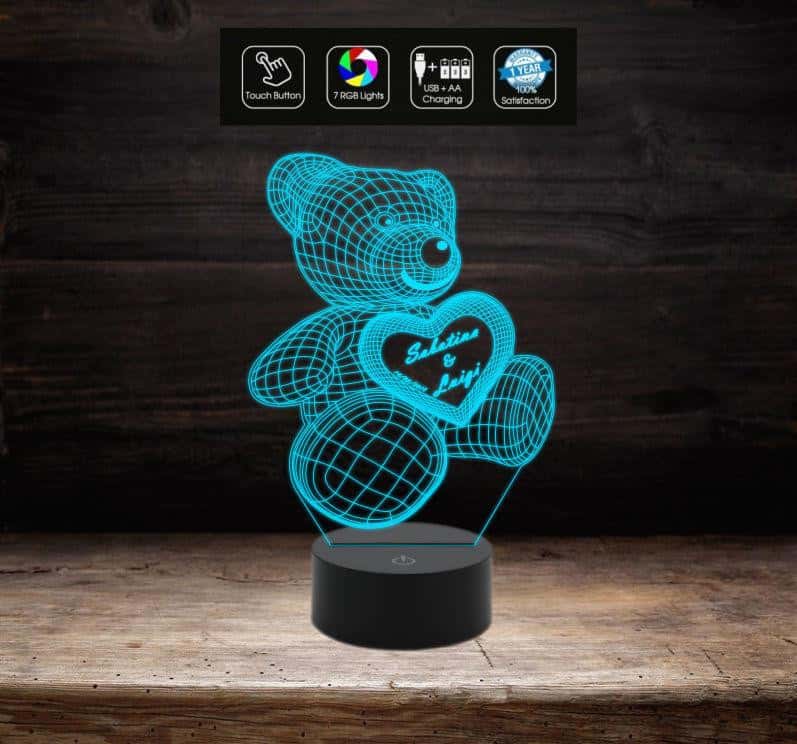 Lampada Led SAN VALENTINO 7 colori selezionabili – REGALO NASCITA ORSETTO 3D con cuore PERSONALIZZABILE con nome e/o data Luce da notte GIFT - Lampada LED - San Valentino