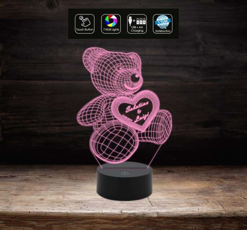 Lampada Led SAN VALENTINO 7 colori selezionabili – REGALO NASCITA ORSETTO 3D con cuore PERSONALIZZABILE con nome e/o data Luce da notte GIFT - Lampada LED - San Valentino