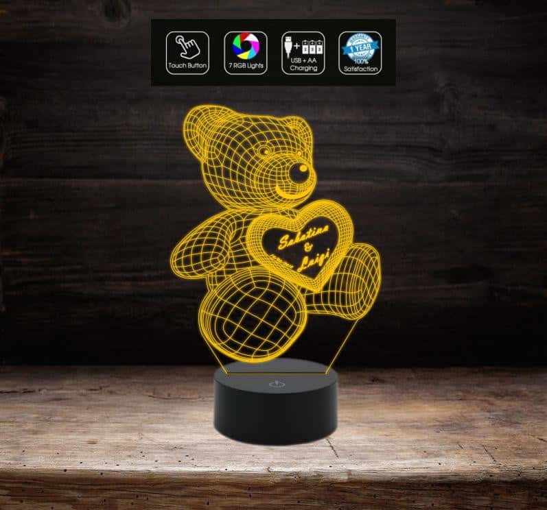 Lampada Led SAN VALENTINO 7 colori selezionabili – REGALO NASCITA ORSETTO 3D con cuore PERSONALIZZABILE con nome e/o data Luce da notte GIFT - Lampada LED - San Valentino