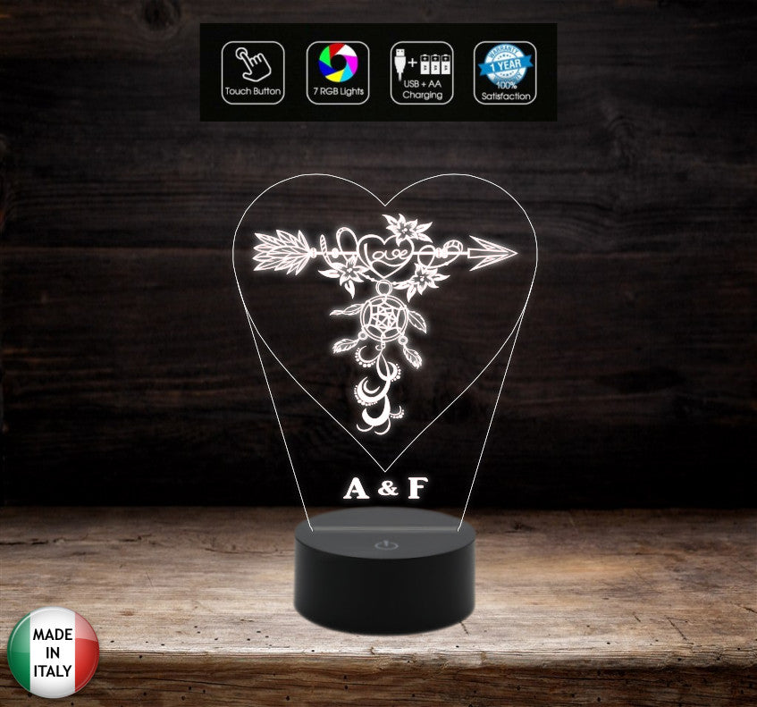 Regalo San Valentino Lampada led luce da notte Cuore con acchiappasogni personalizzabile con iniziali