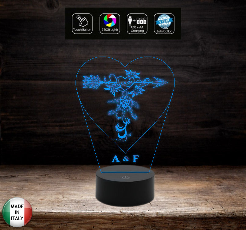 Regalo San Valentino Lampada led luce da notte Cuore con acchiappasogni personalizzabile con iniziali