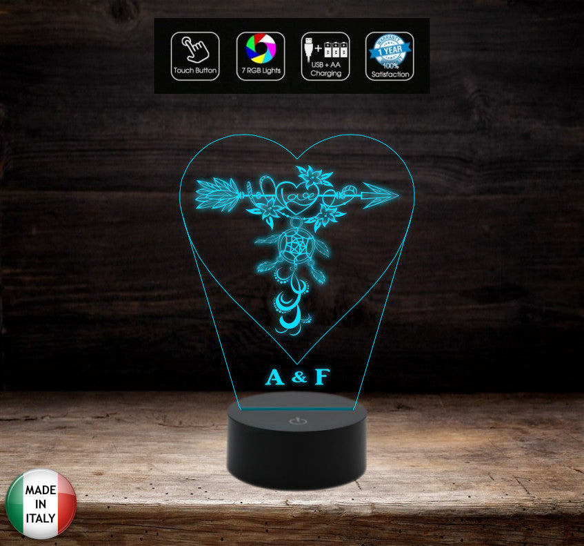 Regalo San Valentino Lampada led luce da notte Cuore con acchiappasogni personalizzabile con iniziali