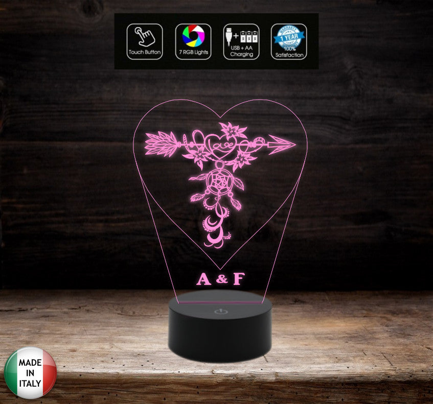 Regalo San Valentino Lampada led luce da notte Cuore con acchiappasogni personalizzabile con iniziali