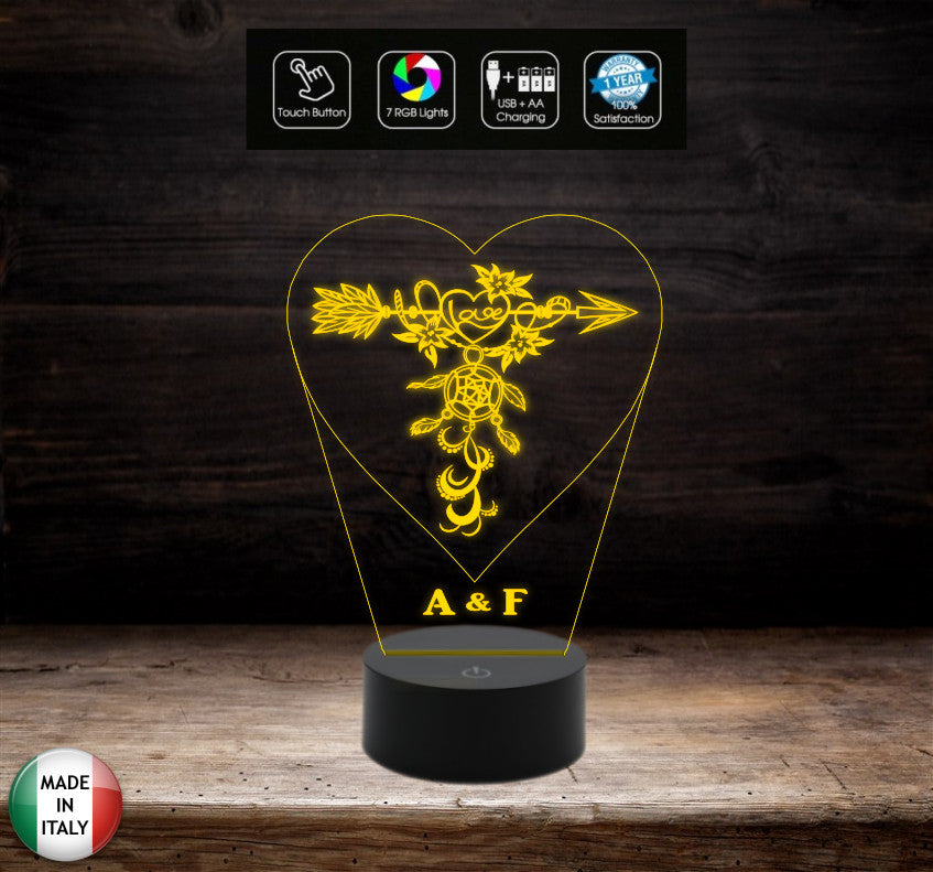 Regalo San Valentino Lampada led luce da notte Cuore con acchiappasogni personalizzabile con iniziali