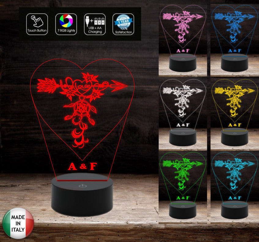 Regalo San Valentino Lampada led luce da notte Cuore con acchiappasogni personalizzabile con iniziali