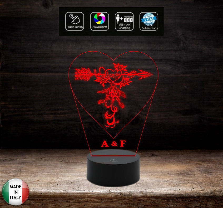 Regalo San Valentino Lampada led luce da notte Cuore con acchiappasogni personalizzabile con iniziali