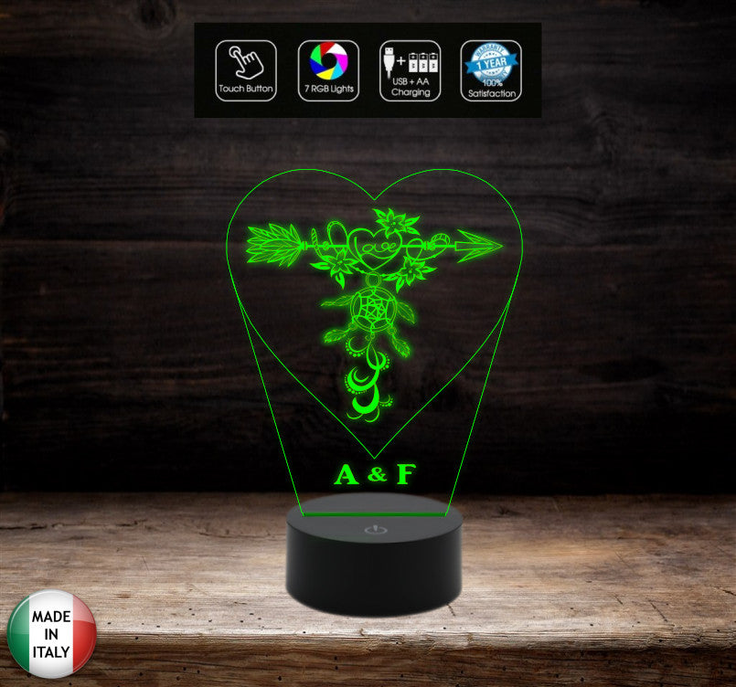 Regalo San Valentino Lampada led luce da notte Cuore con acchiappasogni personalizzabile con iniziali