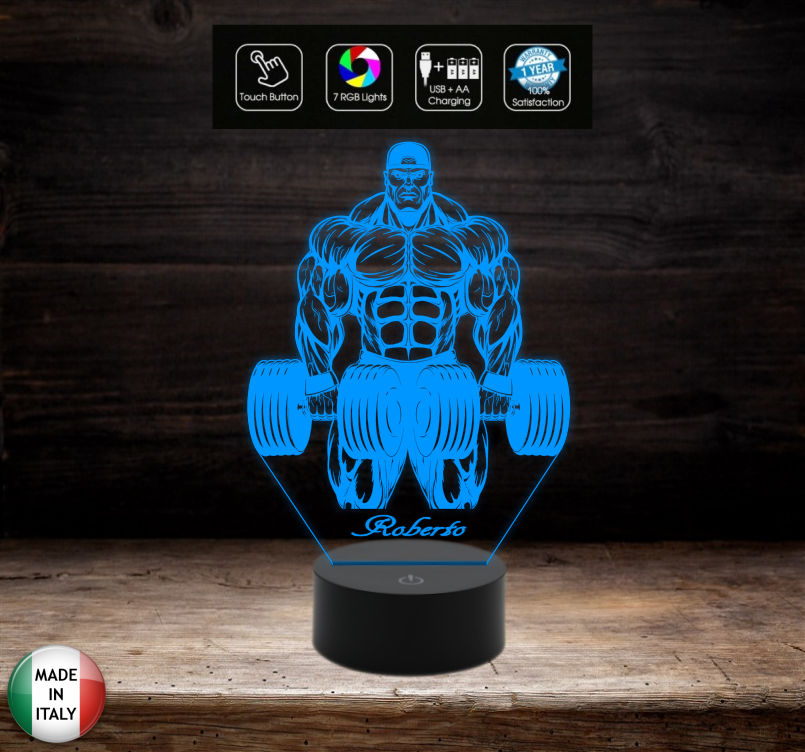 Lampada bodybuilding Culturismo bodybuilder Idea regalo compleanno inaugurazione palestra 7 colori a led con nome personalizzabile