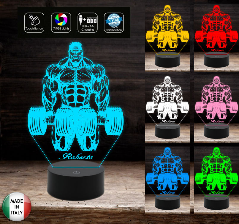 Lampada bodybuilding Culturismo bodybuilder Idea regalo compleanno inaugurazione palestra 7 colori a led con nome personalizzabile