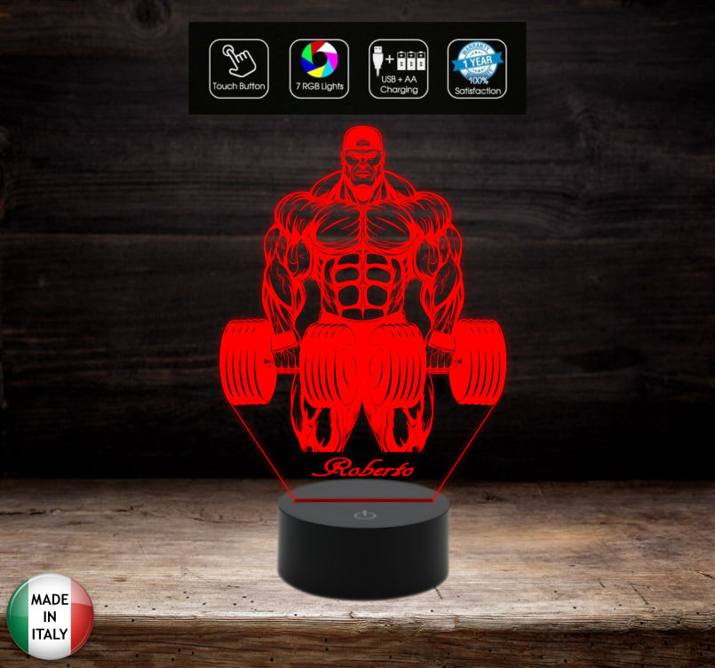 Lampada bodybuilding Culturismo bodybuilder Idea regalo compleanno inaugurazione palestra 7 colori a led con nome personalizzabile