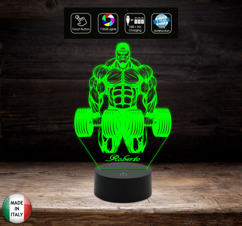 Lampada bodybuilding Culturismo bodybuilder Idea regalo compleanno inaugurazione palestra 7 colori a led con nome personalizzabile