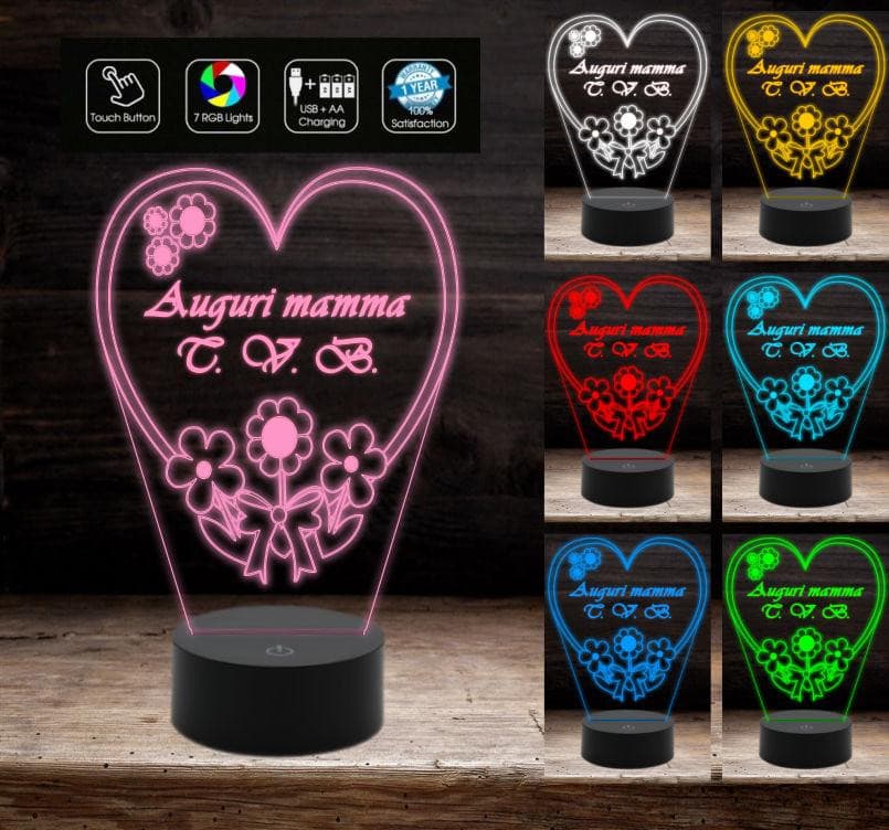 Lampada led da casa o ufficio 7 Colori CUORE con fiori personalizzata FESTA DELLA MAMMA Arredo decorazione casa HOME Luce da notte - Lampada LED - Festa della mamma