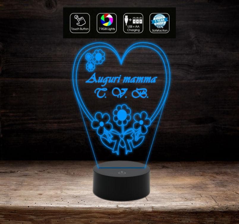 Lampada led da casa o ufficio 7 Colori CUORE con fiori personalizzata FESTA DELLA MAMMA Arredo decorazione casa HOME Luce da notte - Lampada LED - Festa della mamma