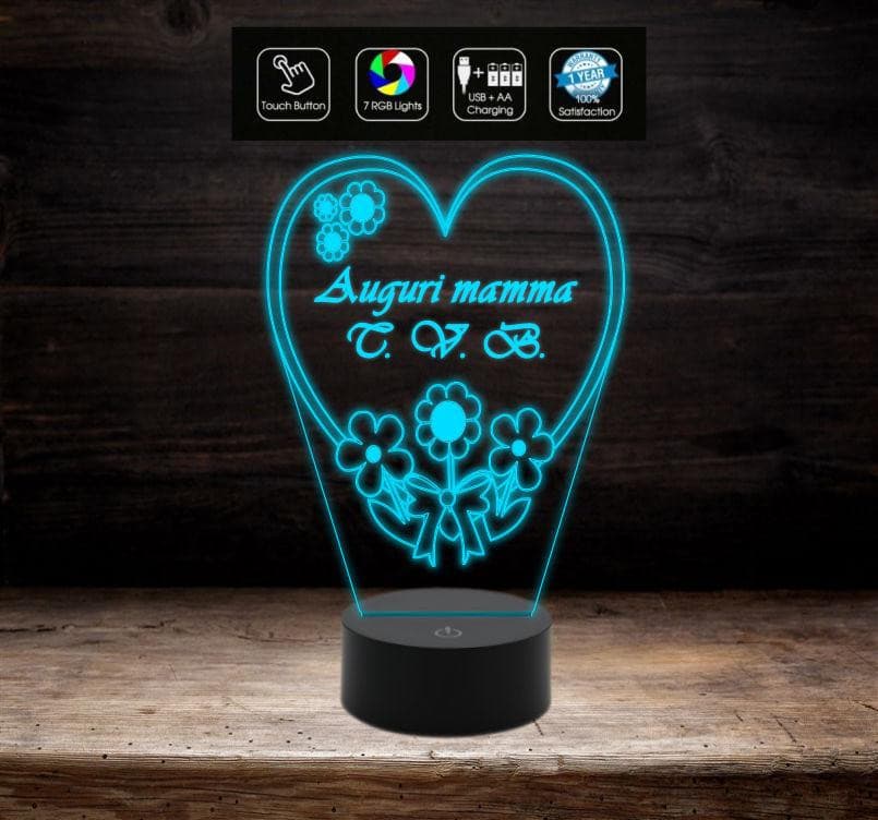 Lampada led da casa o ufficio 7 Colori CUORE con fiori personalizzata FESTA DELLA MAMMA Arredo decorazione casa HOME Luce da notte - Lampada LED - Festa della mamma