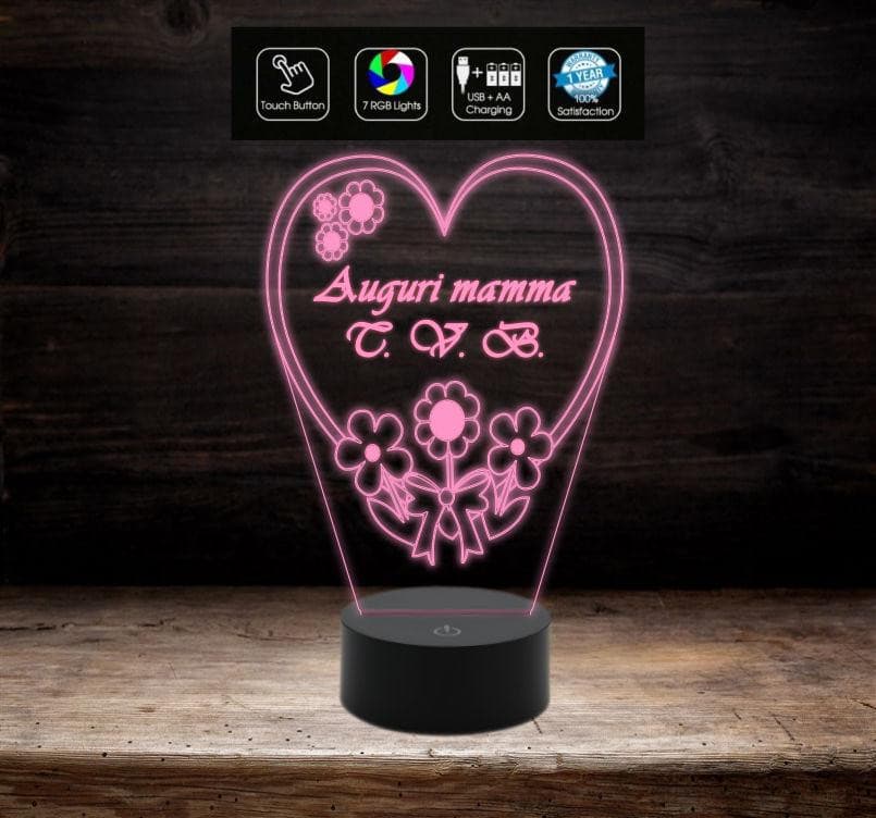 Lampada led da casa o ufficio 7 Colori CUORE con fiori personalizzata FESTA DELLA MAMMA Arredo decorazione casa HOME Luce da notte - Lampada LED - Festa della mamma