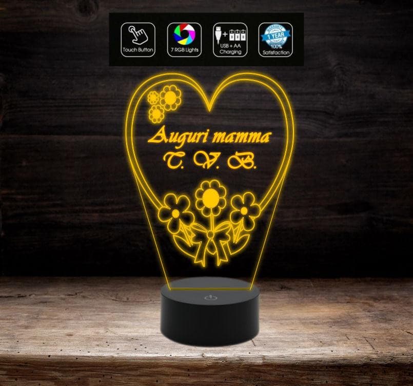 Lampada led da casa o ufficio 7 Colori CUORE con fiori personalizzata FESTA DELLA MAMMA Arredo decorazione casa HOME Luce da notte - Lampada LED - Festa della mamma