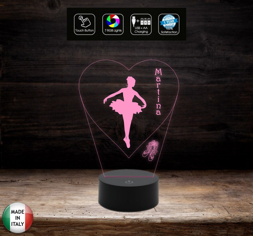 Regalo ballerina Lampada led 7 colori selezionabili DANZA personalizzabile con nome Luce da notte