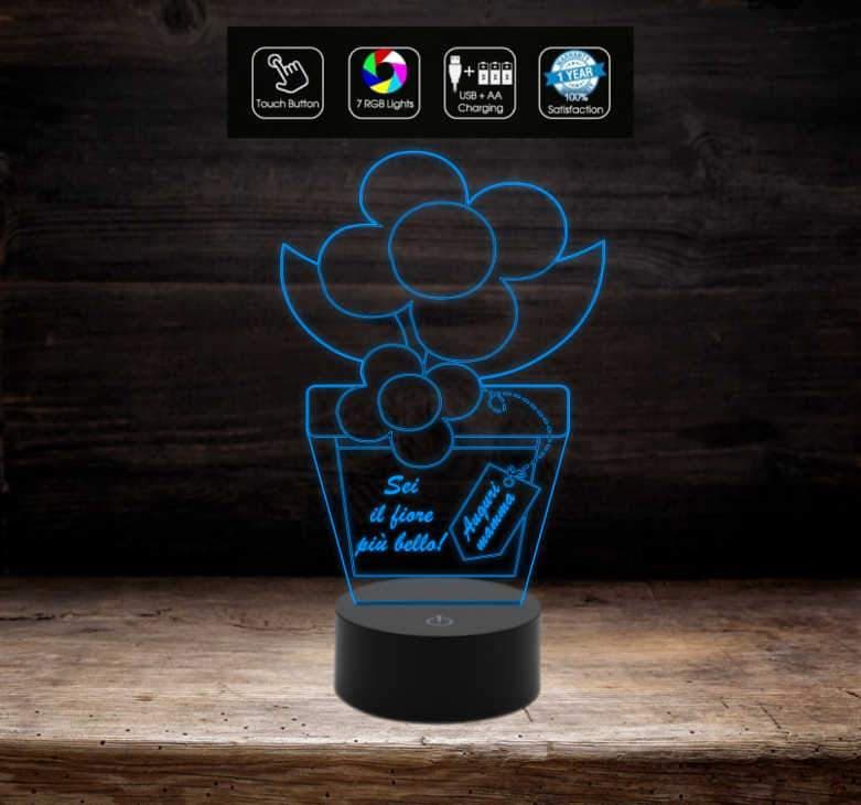 Pianta con fiore e frase personalizzata IDEA REGALO compleanno FESTA DELLA MAMMA Lampada luce notturna con 7 colori a led - Lampada LED - Festa della mamma