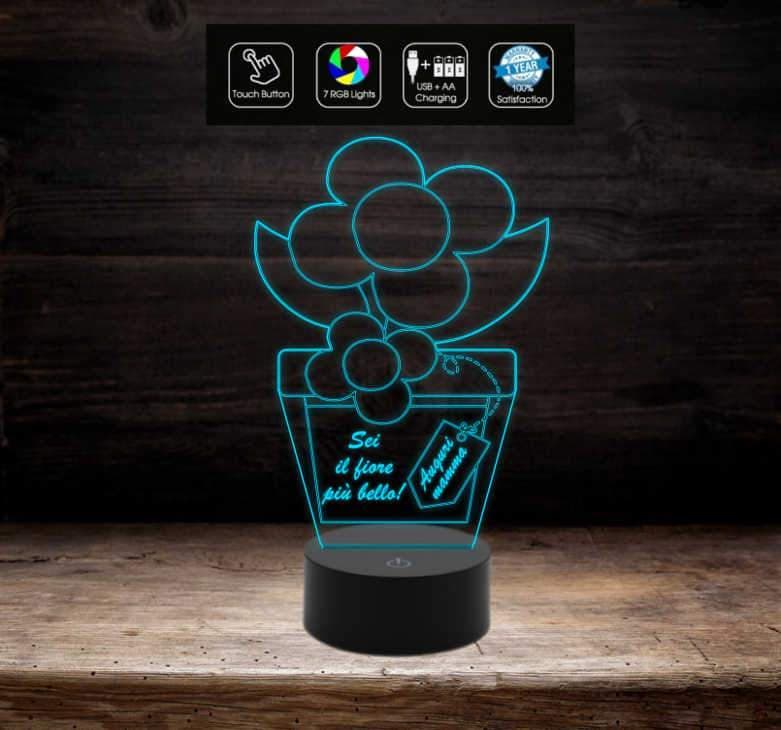 Pianta con fiore e frase personalizzata IDEA REGALO compleanno FESTA DELLA MAMMA Lampada luce notturna con 7 colori a led - Lampada LED - Festa della mamma