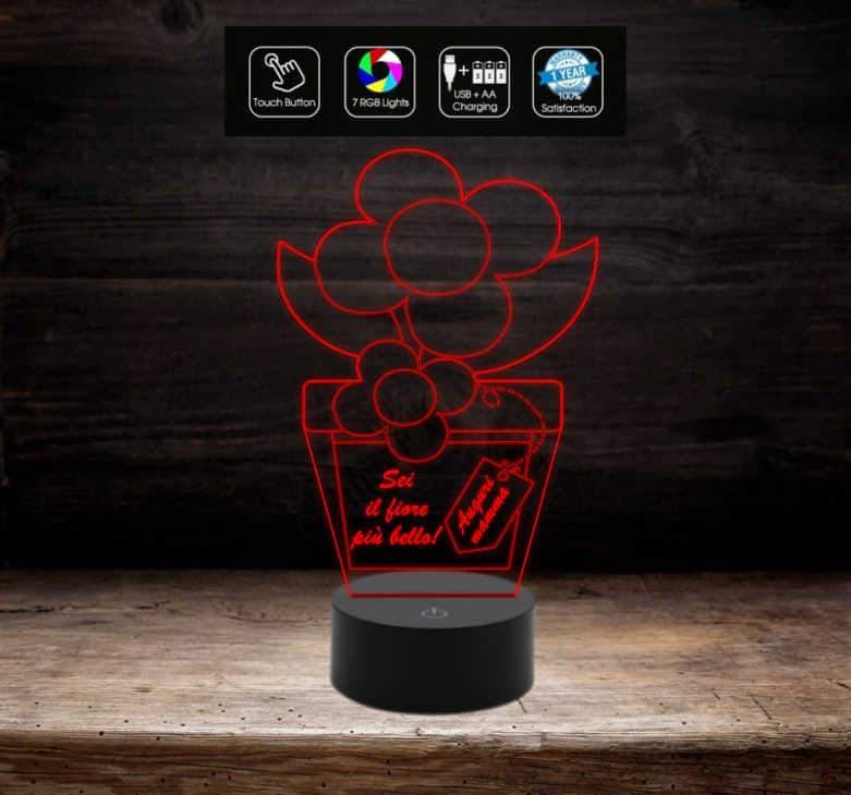 Pianta con fiore e frase personalizzata IDEA REGALO compleanno FESTA DELLA MAMMA Lampada luce notturna con 7 colori a led - Lampada LED - Festa della mamma