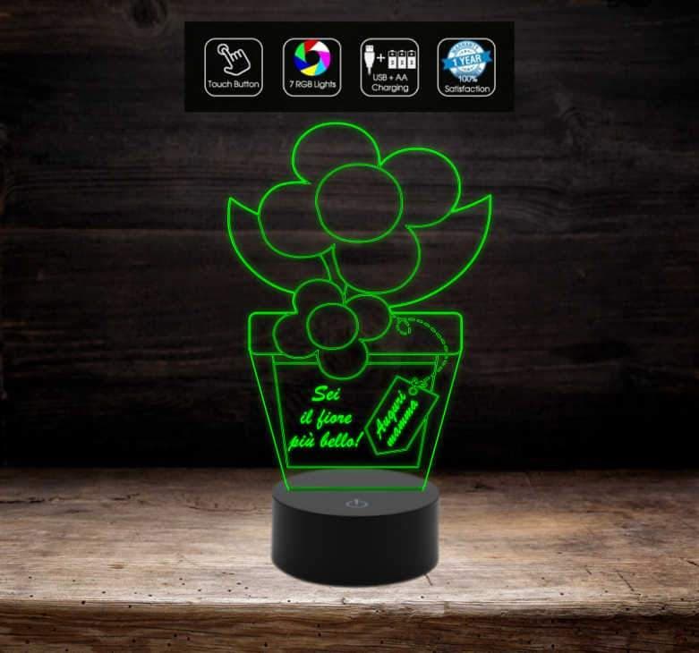 Pianta con fiore e frase personalizzata IDEA REGALO compleanno FESTA DELLA MAMMA Lampada luce notturna con 7 colori a led - Lampada LED - Festa della mamma