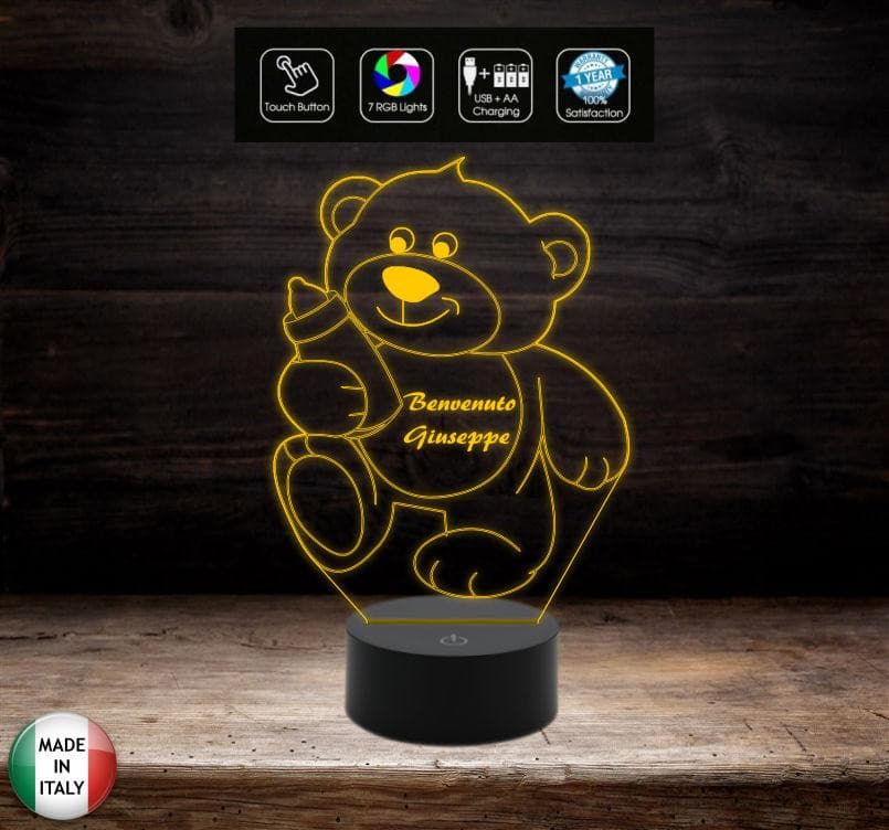 Luce da notte bambini Lampada led personalizzata 7 colori selezionabili ORSETTO con BIBERON idea regalo nascita Cambia colore con Touch Switch - Lampada LED - Nascita - Per bambini
