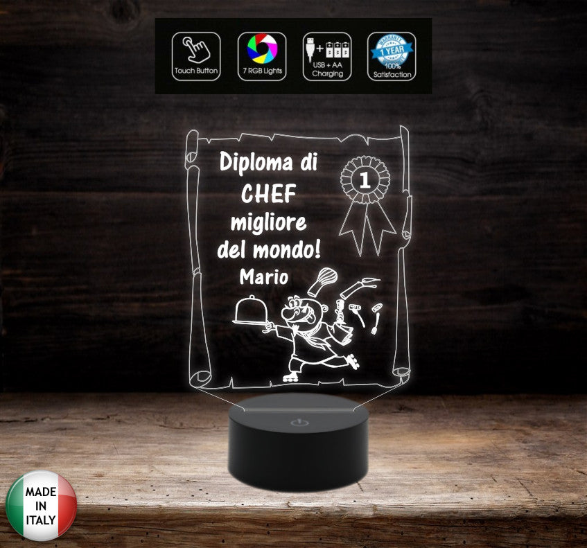 Idea regalo originale per pensione compleanno Natale Diploma migliore CHEF Lampada led personalizzabile