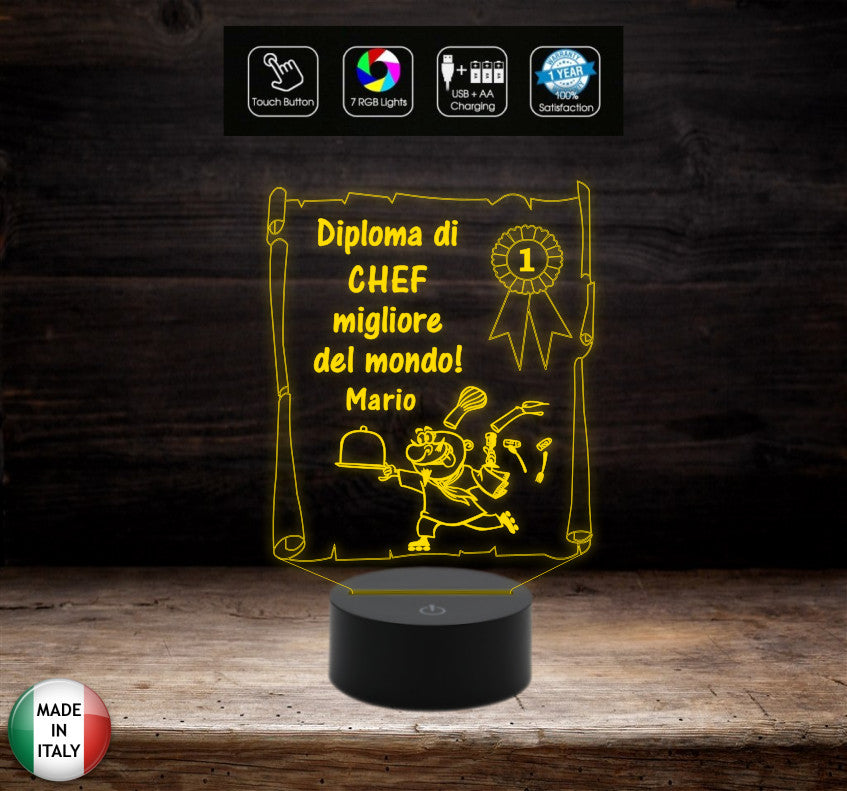 Idea regalo originale per pensione compleanno Natale Diploma migliore CHEF Lampada led personalizzabile
