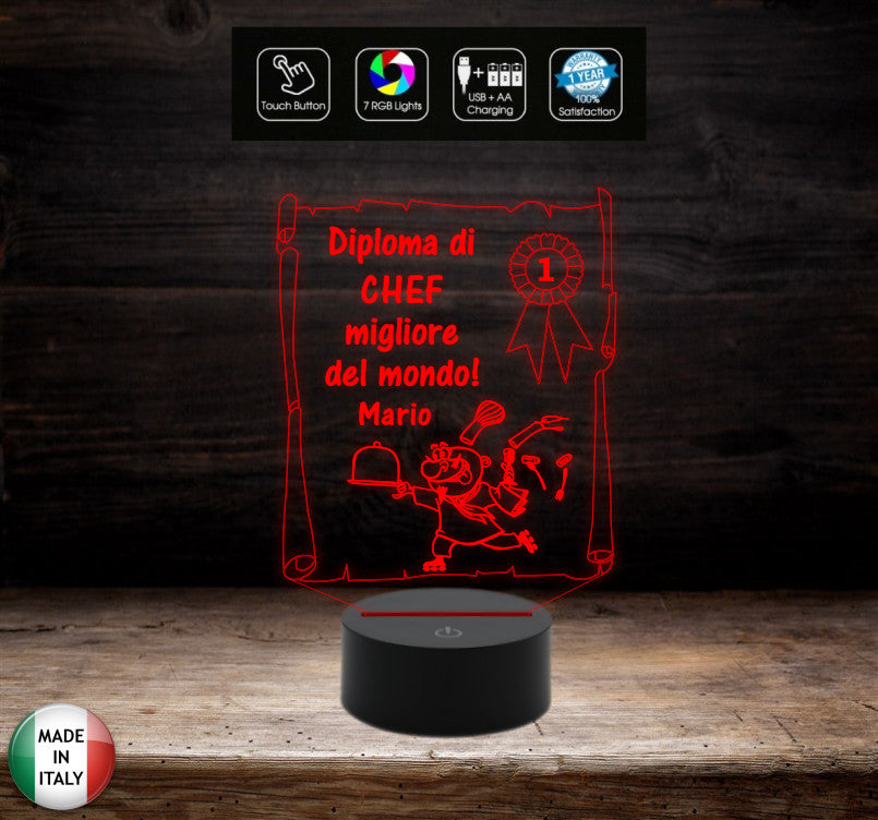 Idea regalo originale per pensione compleanno Natale Diploma migliore CHEF Lampada led personalizzabile